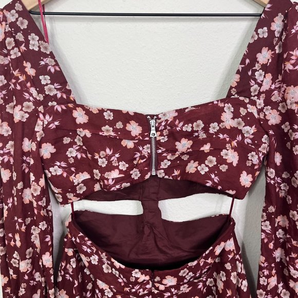 Bardot Women's Logan Maroon Floral Mini Dress Size 4 Long Sleeve Cutout Waist - Picture 6 of 12